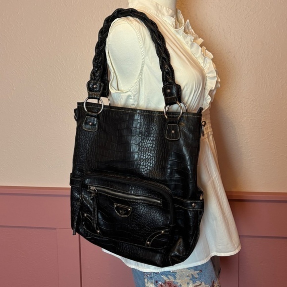 VTG Euro TREVISO Croc Embossed Faux Leather Handbag Shoulder Bag BLACK Braided